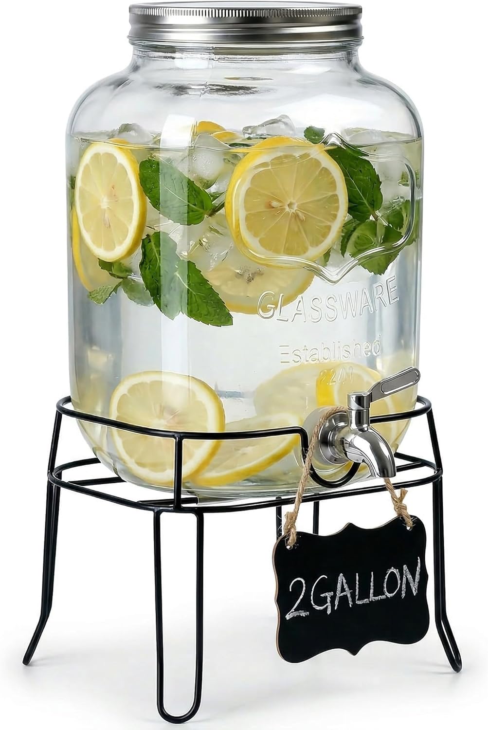 2 Gallon Glass Drink Dispenser,Beverage Dispenser with Stand,Lemonade Dispenser with 304 Stainless Steel Spigot Leakproof for Entertaining Guests, Picnic,Hosting Parties