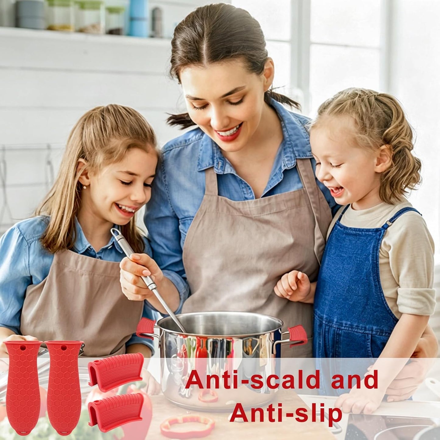 4 PCS Silicone Pot Holders Set Non-Slip Hot Handle Covers Heat Resistant Pan Handle Sleeves for Cast Iron Skillets, Frying Pans, Griddles, Kitchen Cooking Accessories
