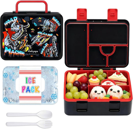 rockpapa Chill Bento Box for Kids- Large 5.5 Cups Lunch Box with Ice Pack - 5 Compartments, BPA-Free, Leak Proof, with Utensils & Portable Handle, Microwave/Dishwasher Safe (Purple Butterfly)