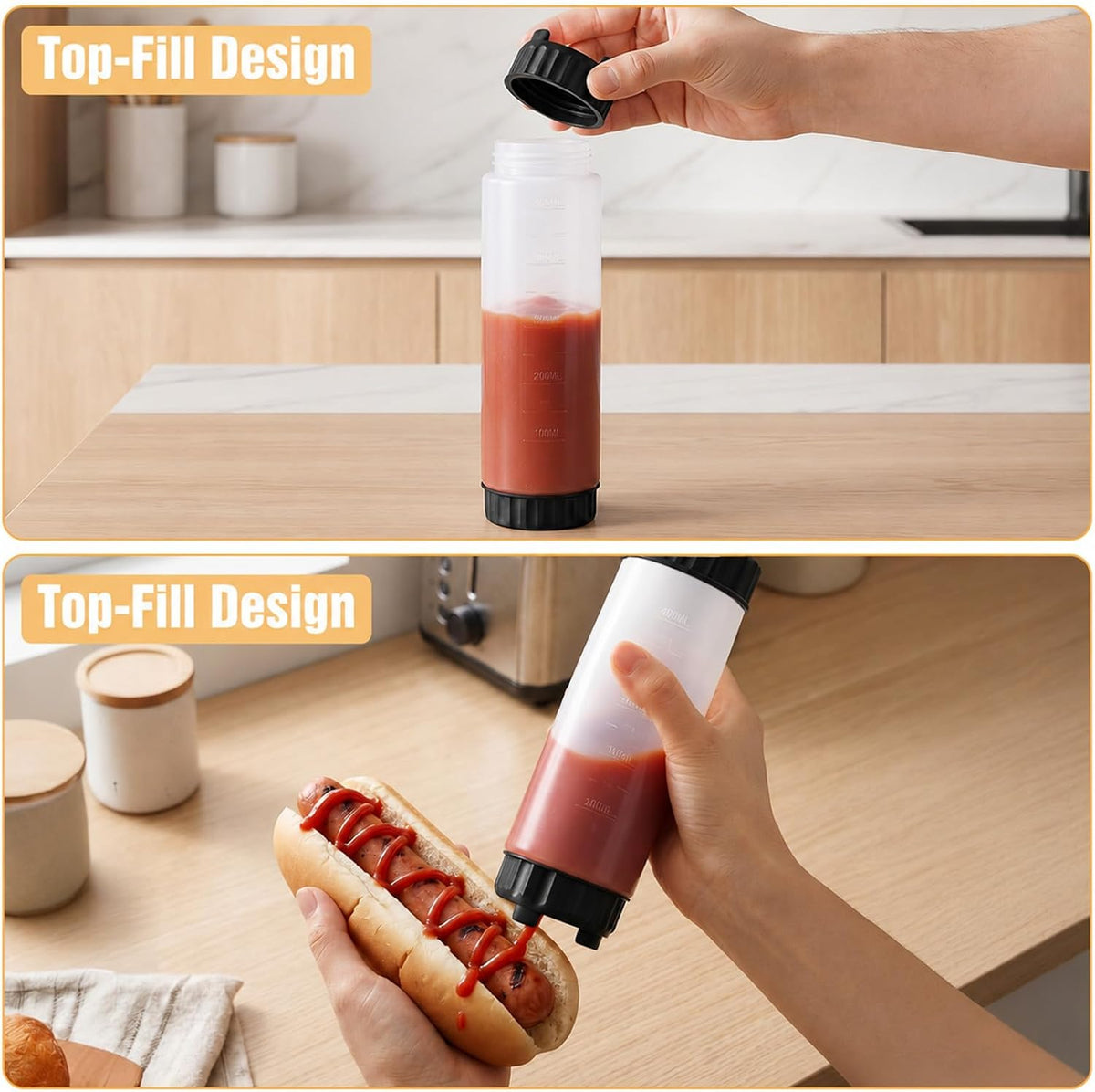 2 Pcs 16 oz Inverted Squeeze Bottles, Valve Condiment Dispenser (Black)