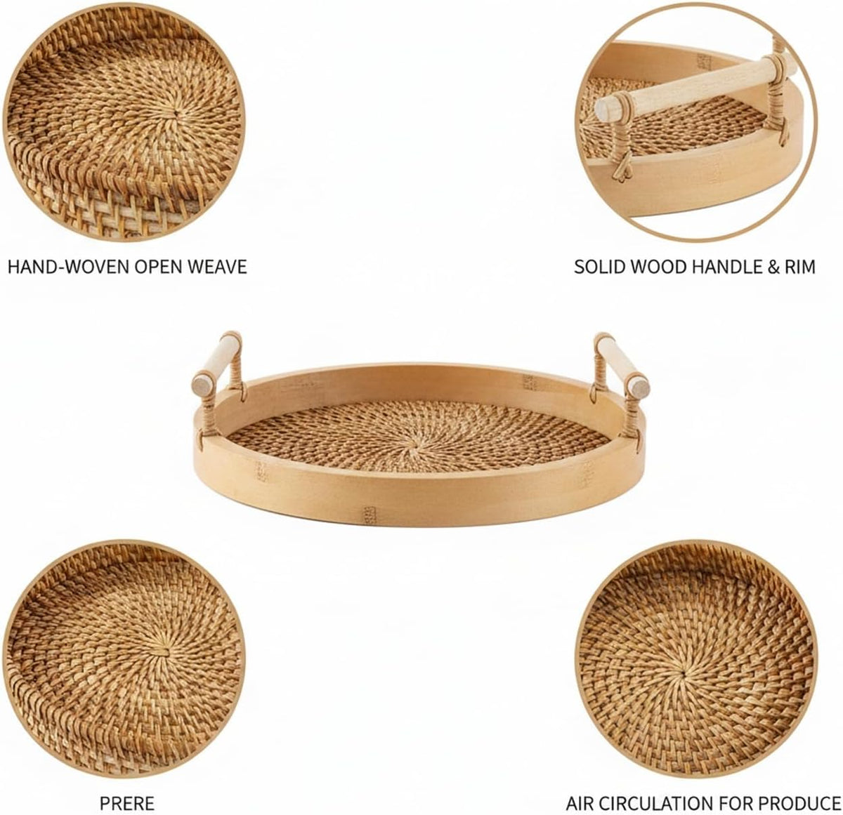 Hand Woven Rattan Basket with Wooden Handle, Natural Open Weave Storage Bin for Countertop Organization, Produce, and Snacks