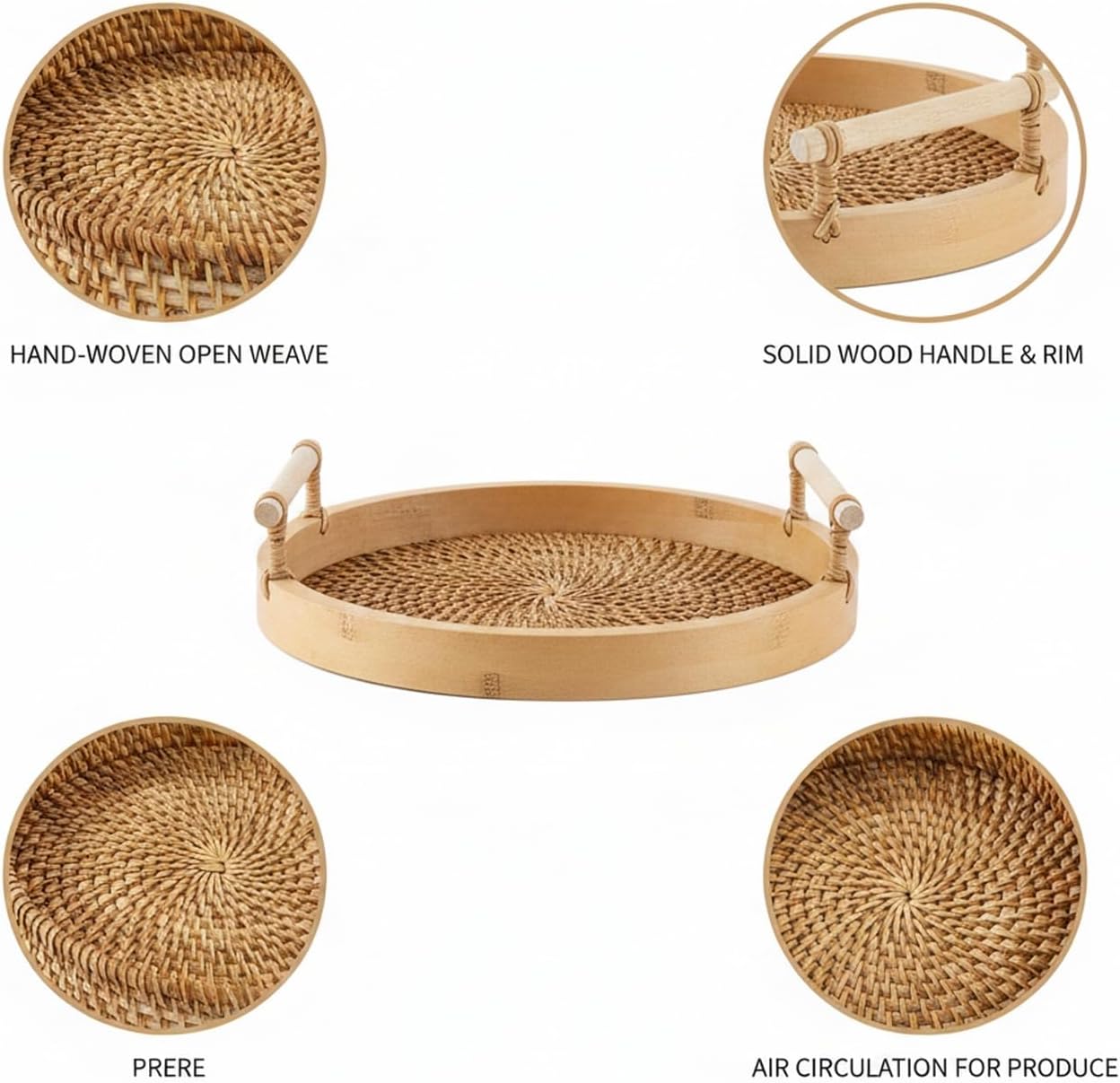 Hand Woven Rattan Basket with Wood Handle, Open Weave Storage Bin for Countertop Organization, Produce, and Snacks