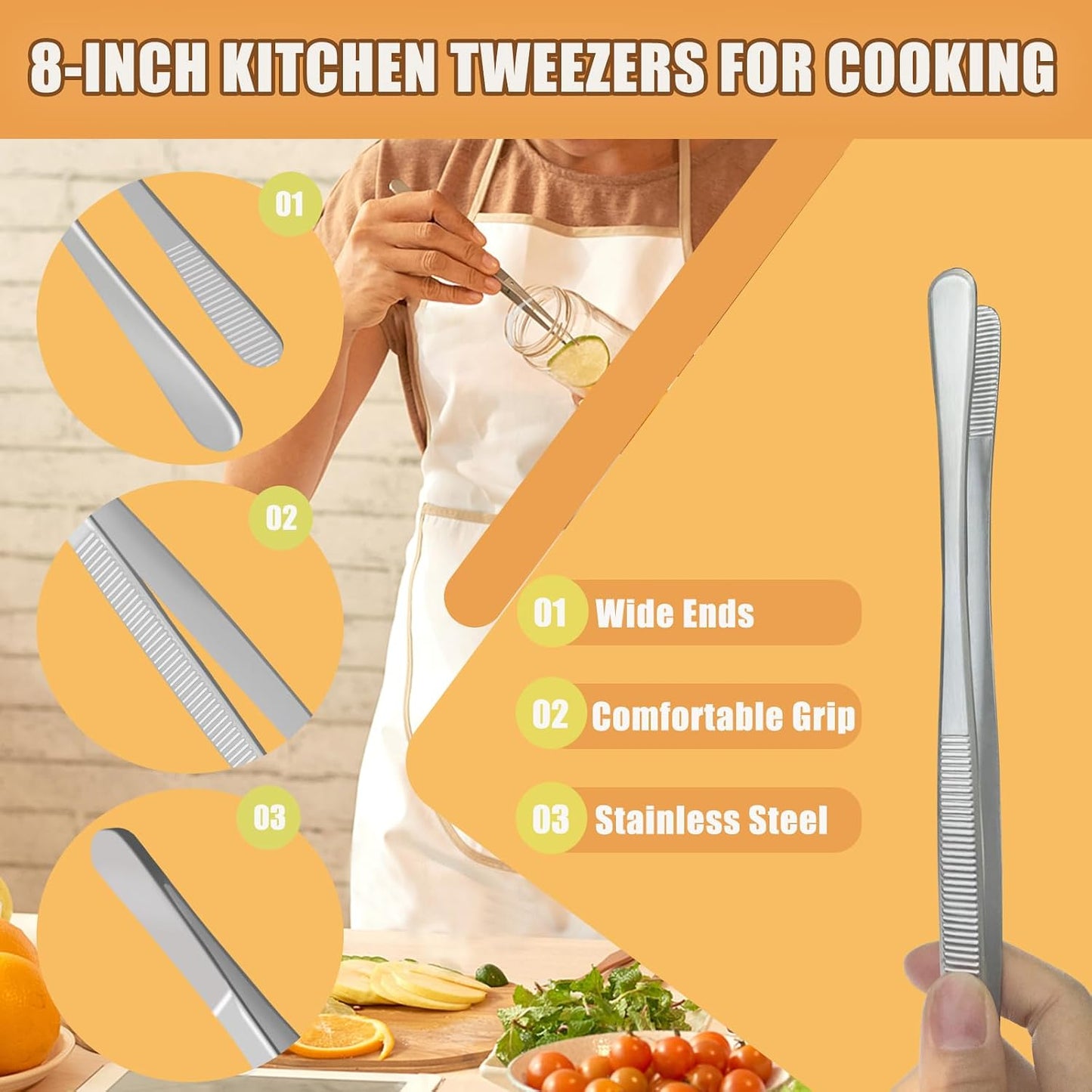 10-Inch Cooking Tweezers Pasta Tongs, Stainless Steel Kitchen Tweezer Tongs Culinary Food Tweezers for Cooking & Baking (Sliver)