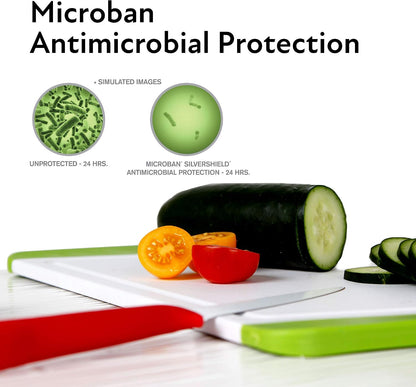 Neoflam 2 Piece Plastic Cutting Board Set, Microban Protection, Stain & Odor Free, Extra Large, BPA Free, Juice Groove, Non Slip, Dishwasher Safe, Easy Grip Handle, White Green