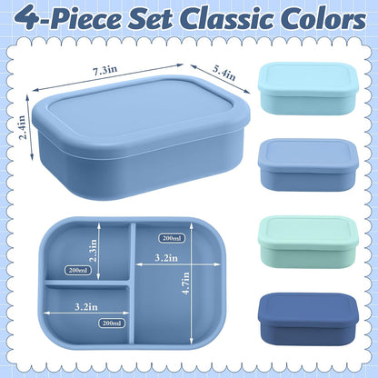 Honeydak 6 Pcs Silicone Bento Box Reusable Silicone Bento Lunch Container for Adults Microwave Dishwasher Freezer Safe 3 Compartment (Light Colors)
