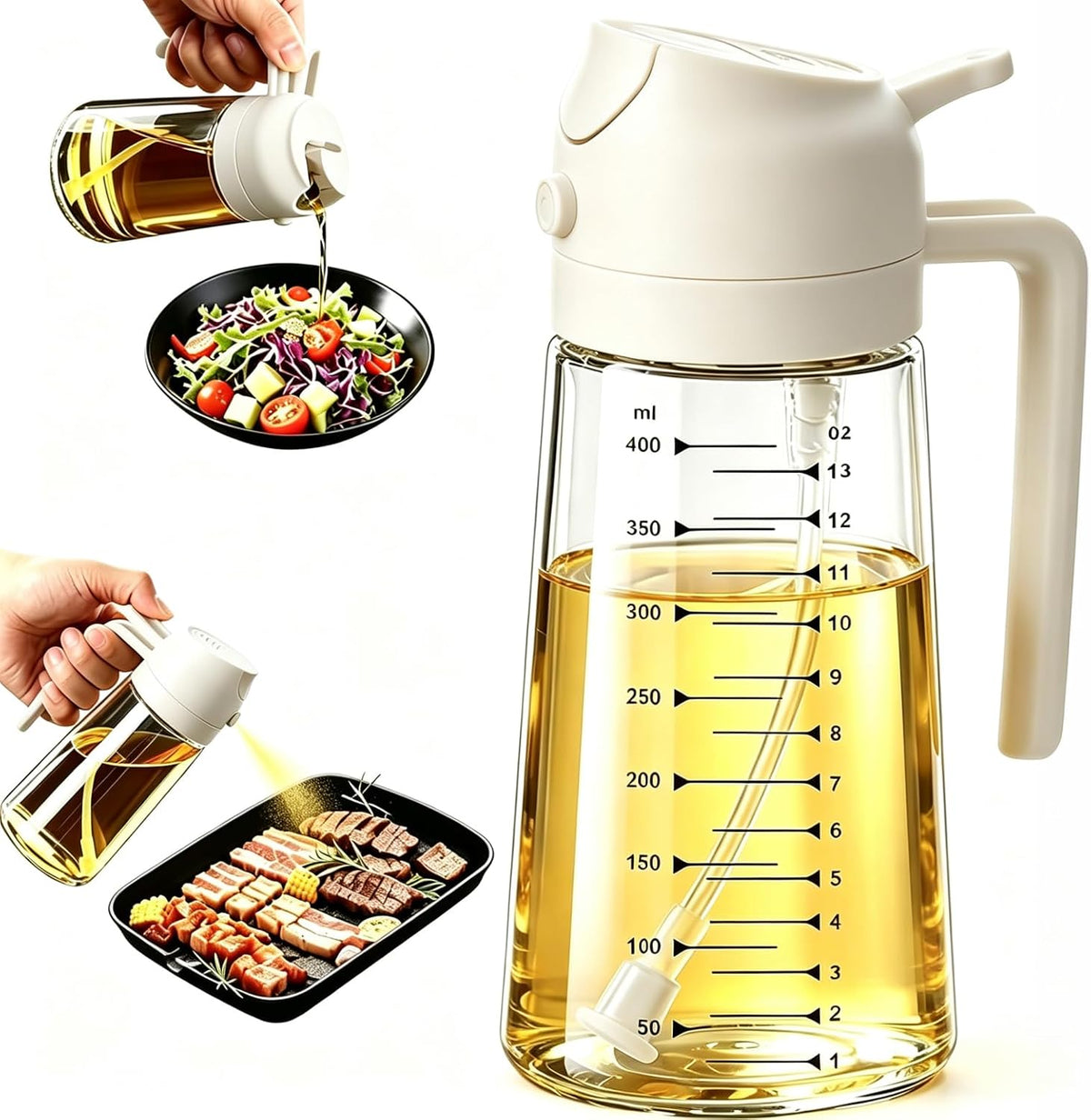 AT-VALY 2-in-1 Oil Sprayer for Cooking, 16oz Glass Oil Dispenser, Black