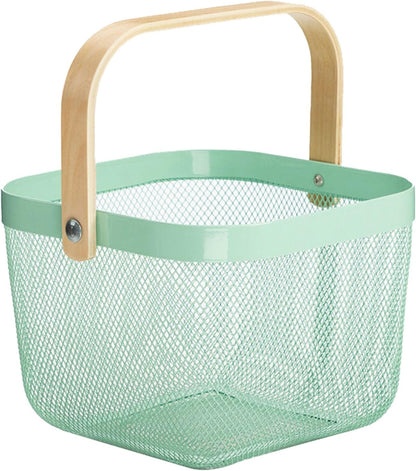 AJIODA Metal Mesh Steel Basket, Storage Organizer Basket Multi-functional Hanging Kitchen Baskets Fruit Basket Bin with Bamboo Handle for Kitchen Bathroom Picnic Shopping Decor Cabinet Home, Blue