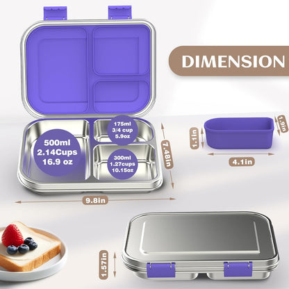 BABHAMNESS Stainless Steel Bento Box Kids, 3 Compartments Leak Proof Metal Bento Lunch Box, 304 Stainless Steel Bento Lunch Containers for School and Office,Dishwasher Safe, BPA-Free-Pink
