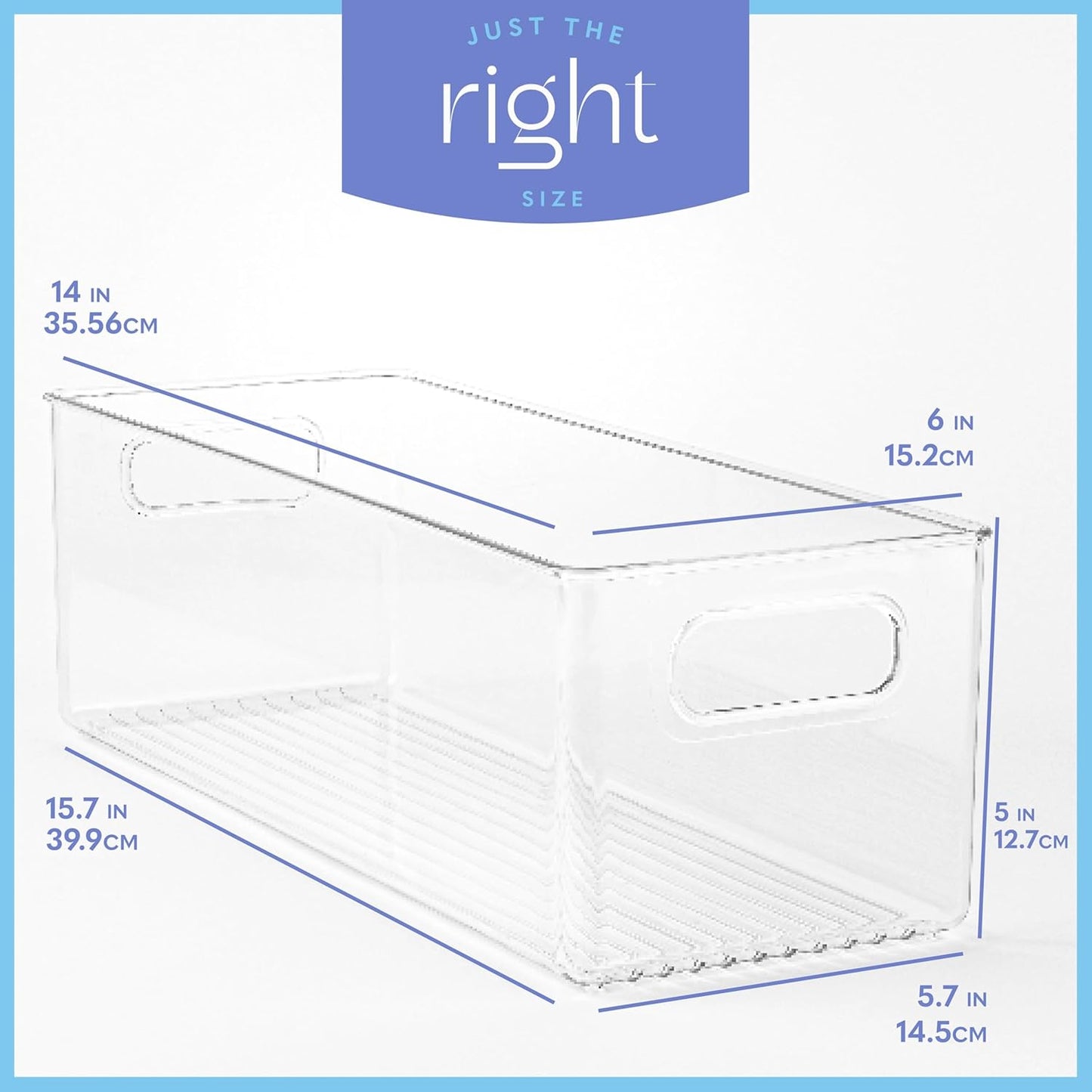 Plastic Food Storage 4 Pack Clear Container Bin with Handles for Organizing Kitchen, Pantry, Refrigerator, Freezer, Pantry, Cabinet, Closet, Bathroom. Stackable 10”x6”x3”