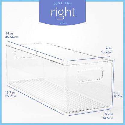 Plastic Food Storage 4 Pack Clear Container Bin with Handles for Organizing Kitchen, Pantry, Refrigerator, Freezer, Pantry, Cabinet, Closet, Bathroom. Stackable 10”x6”x3”
