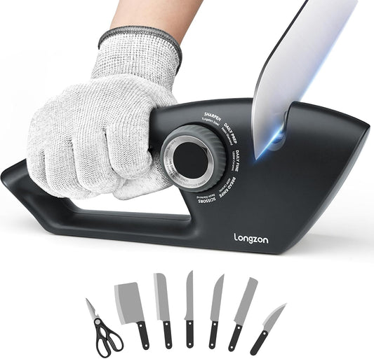 Longzon 6-in-1 Knife Sharpener 5 Stage with Cut-Resistant Glove