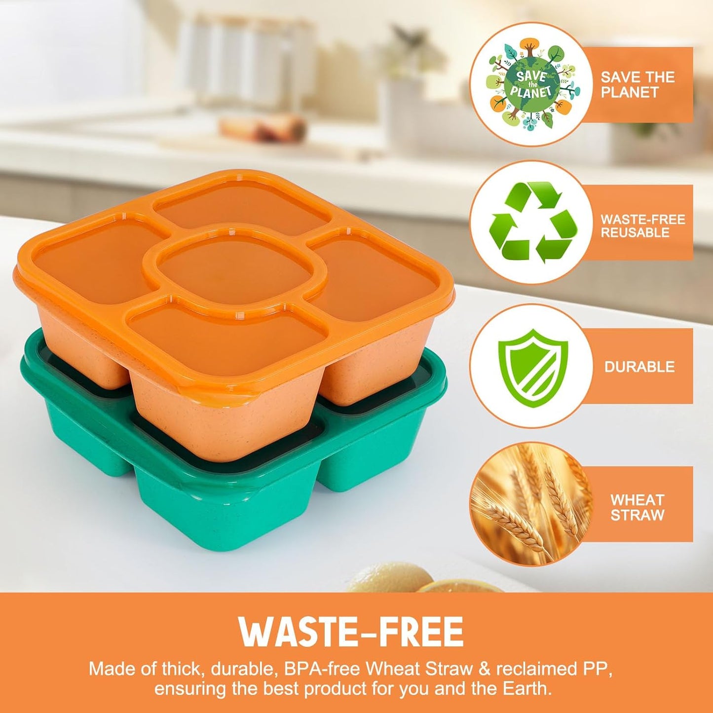 Original Lunchable Snack Containers - 5 Compartments Bento Snack Boxes with 1 Leakproof Small Containers, Wheat Straw, BPA-Free, Set of 2 (Bule+Pink)