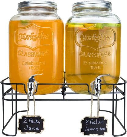1 Gallon Glass Drink Dispenser for Parties, 2 Packs Juice Lemonade Ice Tea Water Dispenser with Stand, HENABLE Beverage Dispensers with Spigot for BBQ, Picnic, Party