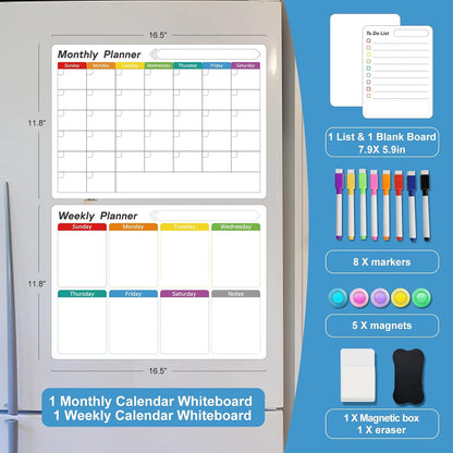 UCMD Monthly Magnetic Dry Erase Calendar Whiteboard Set (4-Pack) for Fridge,Reusable Monthly and Weekly Planners with List & Blank Board,8 Markers,1 Eraser,1 Magnetic Storage Box and 5 Magnets
