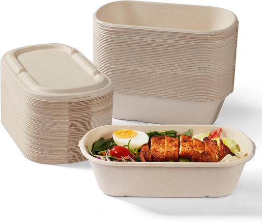 [100% Eco-Friendly] 34 oz Disposable Food Containers with Lids – Sugarcane Pulp Take Out Containers, Biodegradable Lunch Box, Compostable and Microwave Safe To-Go Boxes for Meal Prep – Pack of 50