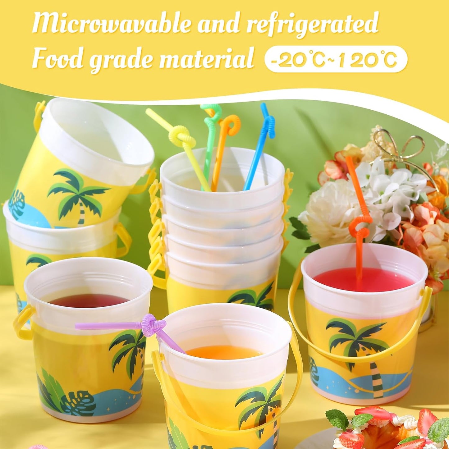 20 Pcs 32 oz Plastic Cocktail Rum Buckets with Handles for Drinks with 100 Colorful Straws Reusable Portable Drink Buckets for Beach Summer Bar Parties