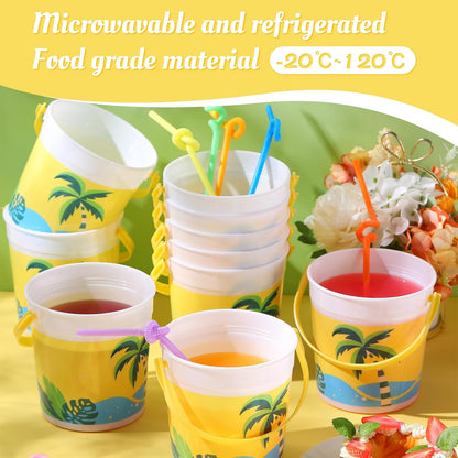 20 Pcs 32 oz Plastic Cocktail Rum Buckets with Handles for Drinks with 100 Colorful Straws Reusable Portable Drink Buckets for Beach Summer Bar Parties