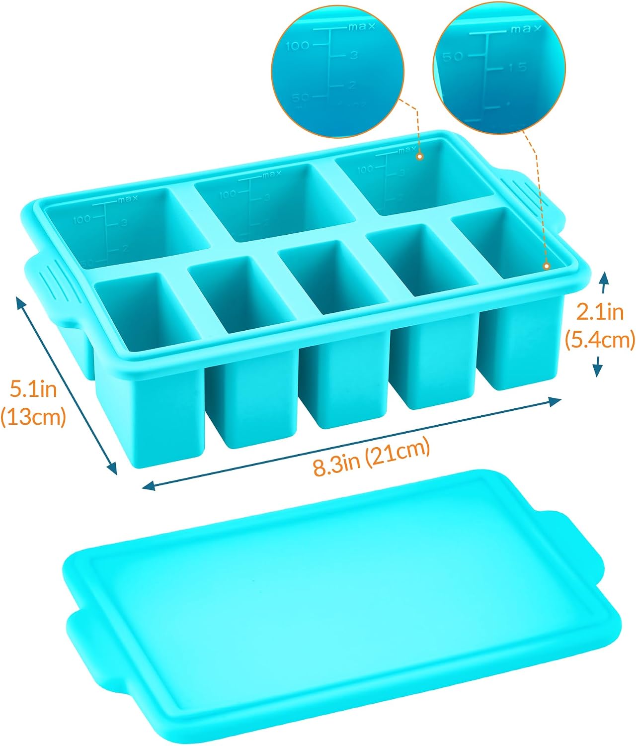 NiHome Silicone Freezer Tray with Lid – 8 Compartment 125ml & 50ml Portions, Steel Reinforced Frame, Easy Release, Food Storage for Soups, Sauces, Meal Prep (1 PC)