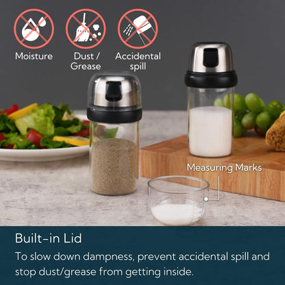 KTCHENDAO 2 in 1 Glass Salt and Pepper Shaker with Side Pour Spout, Built-in Lid for Moisture-proof, Elegant Borosilicate Glass Salt Pepper Dispenser set for Kitchen, BPA Free, 4oz (White)