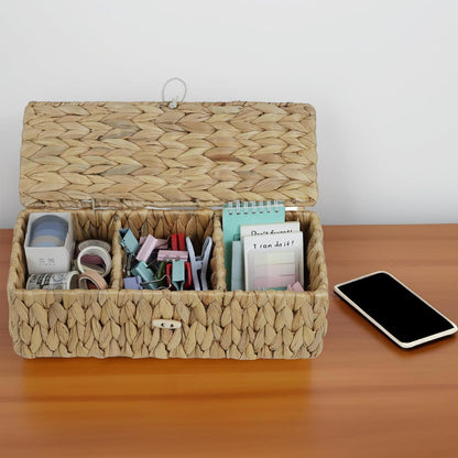 Water Hyacinth Storage Basket with Lid, Rectangular Tank Woven Wicker Baskets with Sections, Decorative Box for Snack Toys Bathroom (Water Hyacinth)