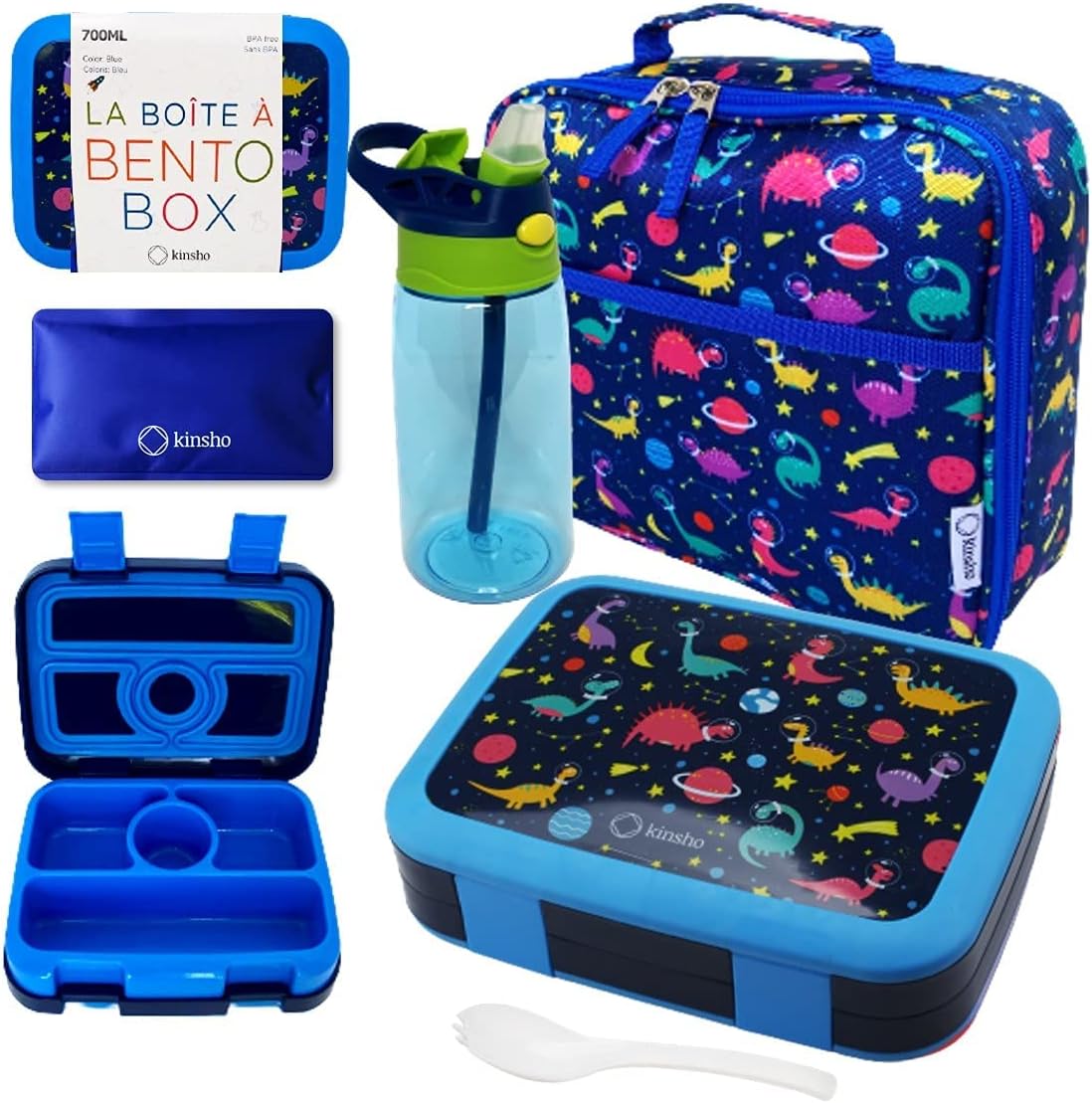 Kids Lunch Box - Bento Box for Boys Toddler Daycare, 4 Portion Sections with Lid, Snack Container Pre-School Kid Lunches Toddlers Removable Tray BPA Free, 3+ Years Old, Blue Rocket Dinosaur
