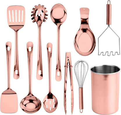 COOK WITH COLOR Kitchen Utensil Set - premium Nonstick & Heat Resistant Kitchen Gadgets, Turner, Spaghetti Server, Serving Spoons, Whisk, Tongs, Masher & Utensil Holder, 10-piece Stainless Steel