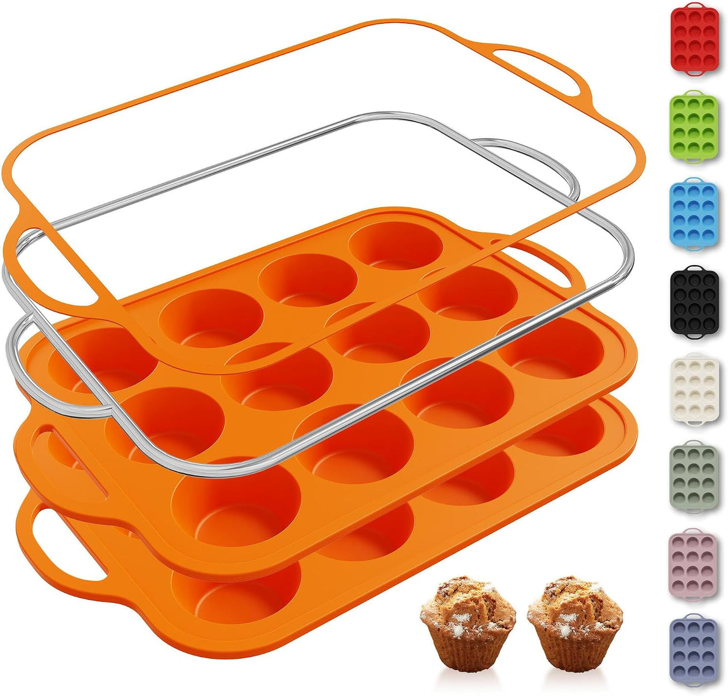 2 Packs 12 Cups Silicone Muffin Pan for Baking with Metal Reinforced Frame Regular Size Cupcake Pan Tray Egg Bites Silicone Cookie Molds Muffin Tin Tart Pans Sheet Set for Oven Dishwasher Safe