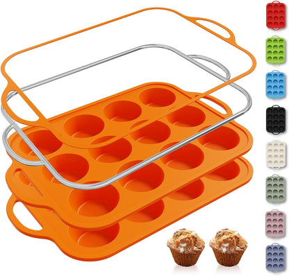 2 Packs 12 Cups Silicone Muffin Pan for Baking with Metal Reinforced Frame Regular Size Cupcake Pan Tray Egg Bites Silicone Cookie Molds Muffin Tin Tart Pans Sheet Set for Oven Dishwasher Safe