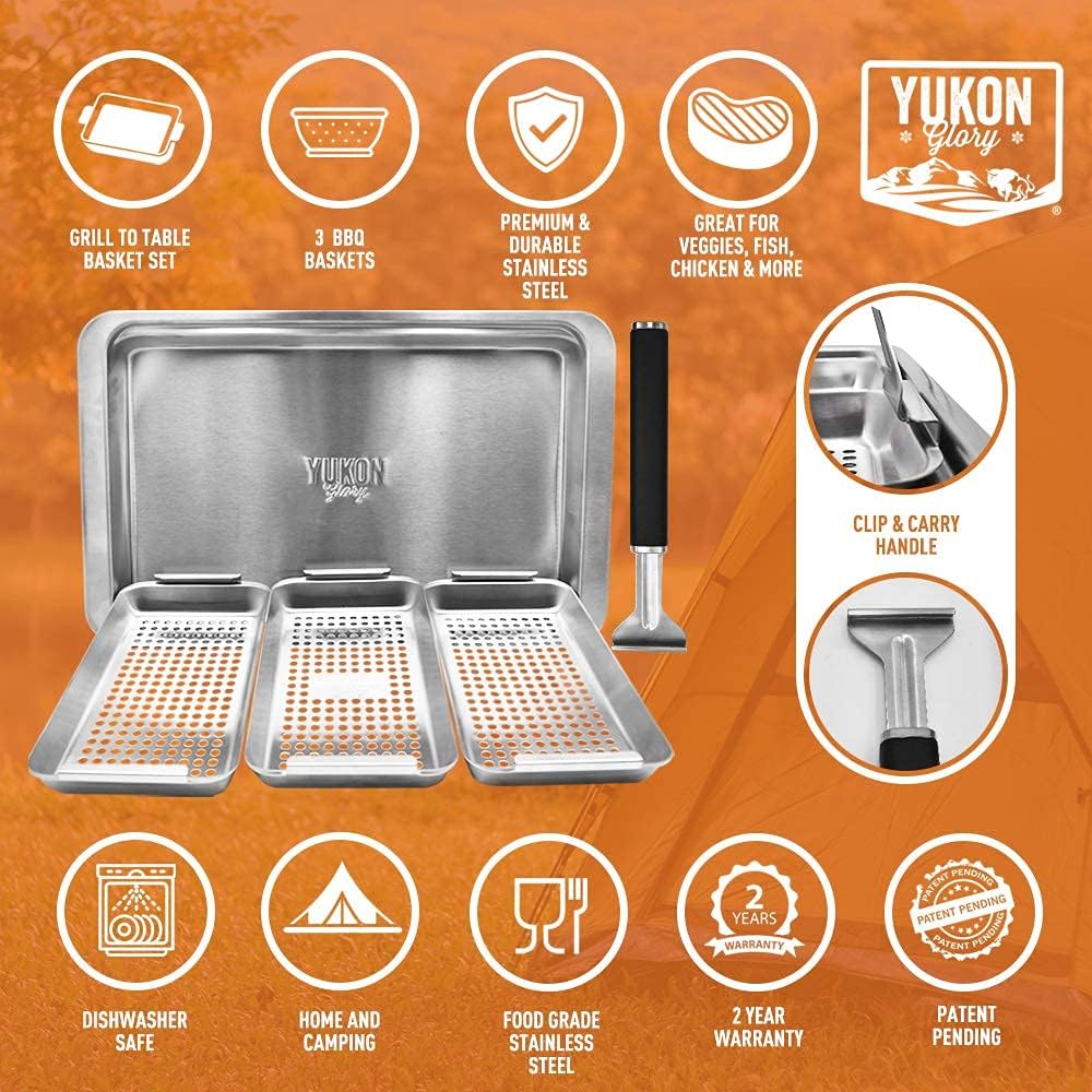 Yukon Glory™ BBQ 'N SERVE Premium Set, Includes 3 Grill Baskets, Serving Tray, Bamboo Cutting Board, Plastic Lid and Clip-on Handle