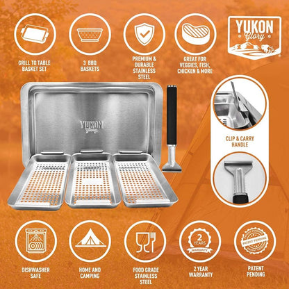 Yukon Glory™ BBQ 'N SERVE Premium Set, Includes 3 Grill Baskets, Serving Tray, Bamboo Cutting Board, Plastic Lid and Clip-on Handle