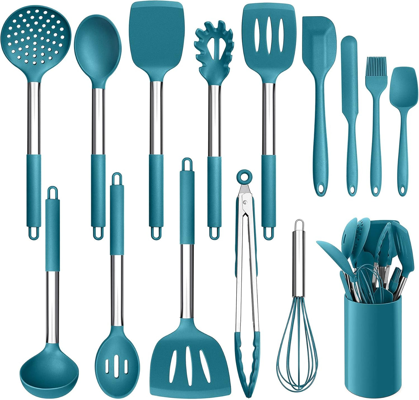 LIANYU 15 Pcs Kitchen Cooking Utensils Set with Holder, Silicone Kitchen Tools with Stainless Steel Handle, Heat Resistant Gadgets, Brush Spatula Spoon Whisk for Cookware, Dishwasher Safe, Khaki