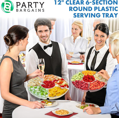PARTY BARGAINS 12" Round Plastic Serving Tray, 6-Sections, Clear, Pack of 1