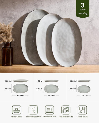 famiware Serving Platter, Oval 15.59/14.3/12.9inch Serving Dishes for Entertaining, Serving Bowls, Microwave Safe, Stoneware Serving Trays for Party, Food, Turkey, Cheese, Ocean Series, Vanilla White