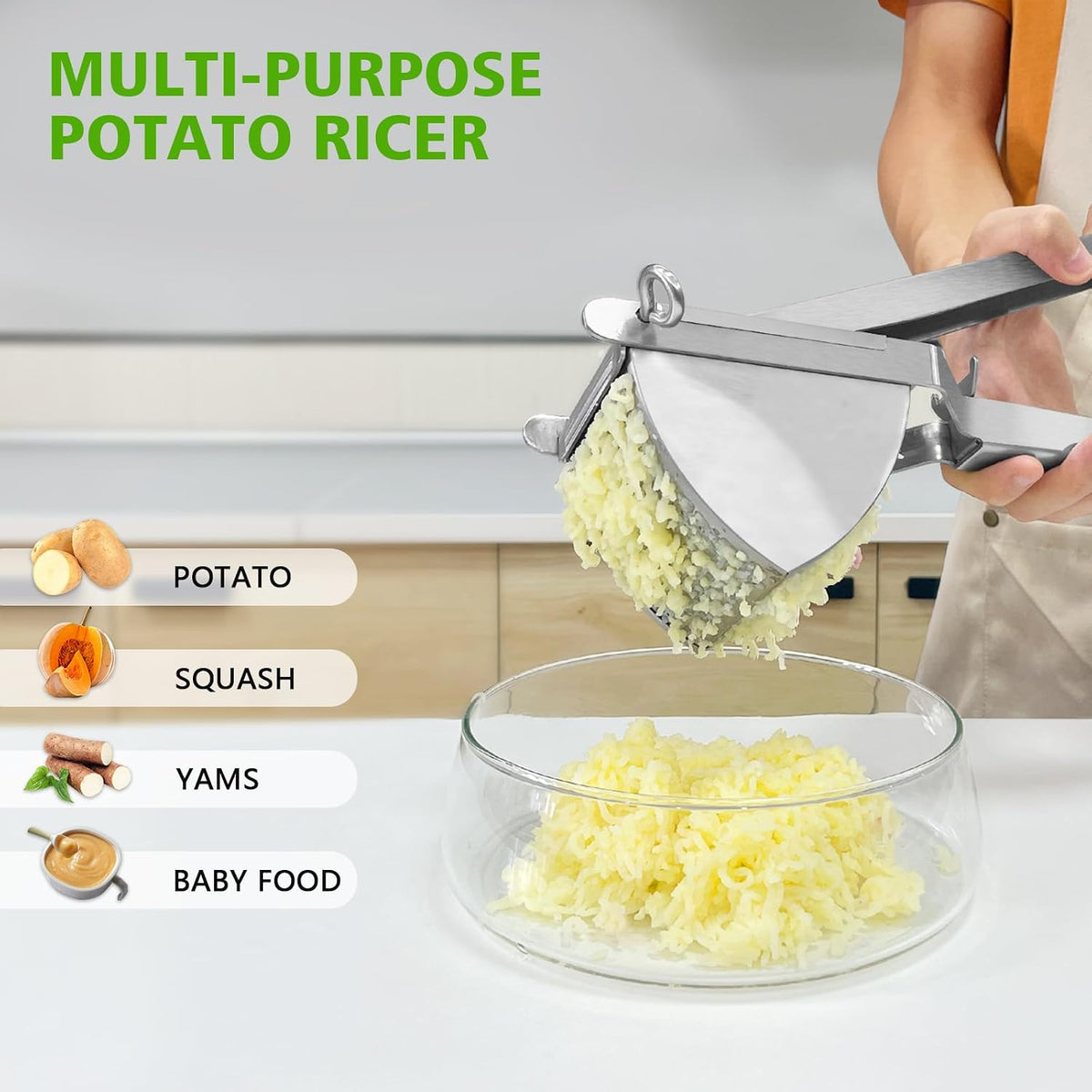 LHS Heavy Duty Potato Ricer and Masher, Stainless Steel Potato Masher, Business Fruit Masher and Food Press for Commercial and Home Use, 2 Sides Holes