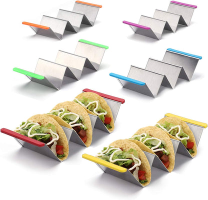 Taco Holder Stands Stainless Steel Set of 6 with Colorful Silicone Easy-Access Handle, Taco Rack, Taco Shell Holder, Taco Tray, Oven, Grill, and Dishwasher Safe, Smooth Edge