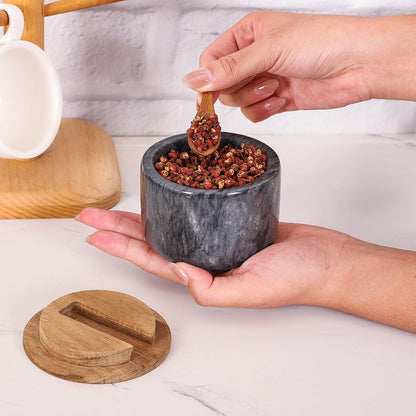 Salt and Pepper Bowl, Marble Salt Cellar and Spices Storage Container With Built-in Spoon and Acacia Wood Lid - 6.5oz Capacity (White)