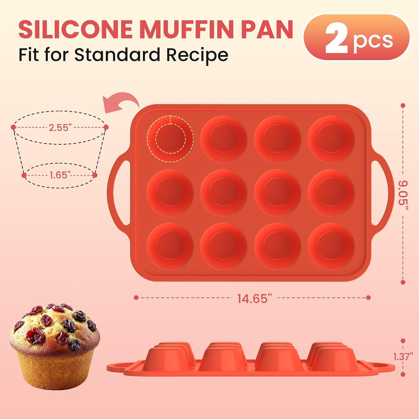 2Pack Silicone Muffin Pan for Baking with Metal Reinforced Frame, 12 Cup Regular Size Cupcake Pan, BPA Free Silicone Muffin Tray, Cupcake Baking Pan Molds for Oven Dishwasher Safe - Blue