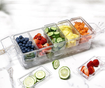 IVYHOME Chilled Condiment Server, Taco Bar Serving Set, Mimosa Bar Supplies, with 5 Lidded Containers and Detachable Ice Storage Layer, 2 Hanging Cups for Storing Tong or Forks