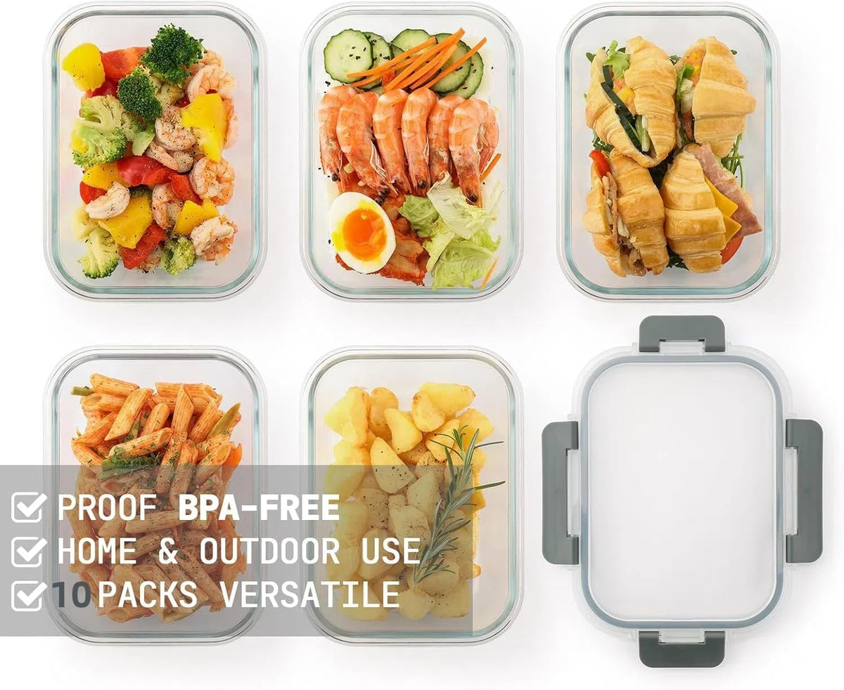 Cuiselect 10 Pack 22 Oz Glass Meal Prep Containers with Lids, Reusable Glass Food Storage Containers with Lids, Leak Proof, Microwave, Oven, Freezer and Dishwasher Safe (White)