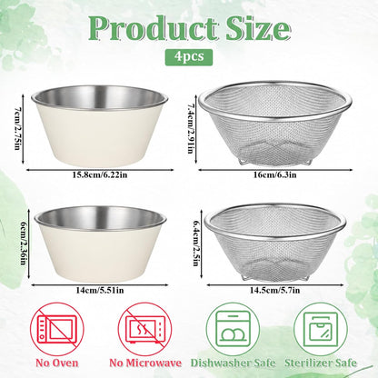 4 Pcs 304 Stainless Steel Colander with Mixing Bowl, Mini Rice Strainer