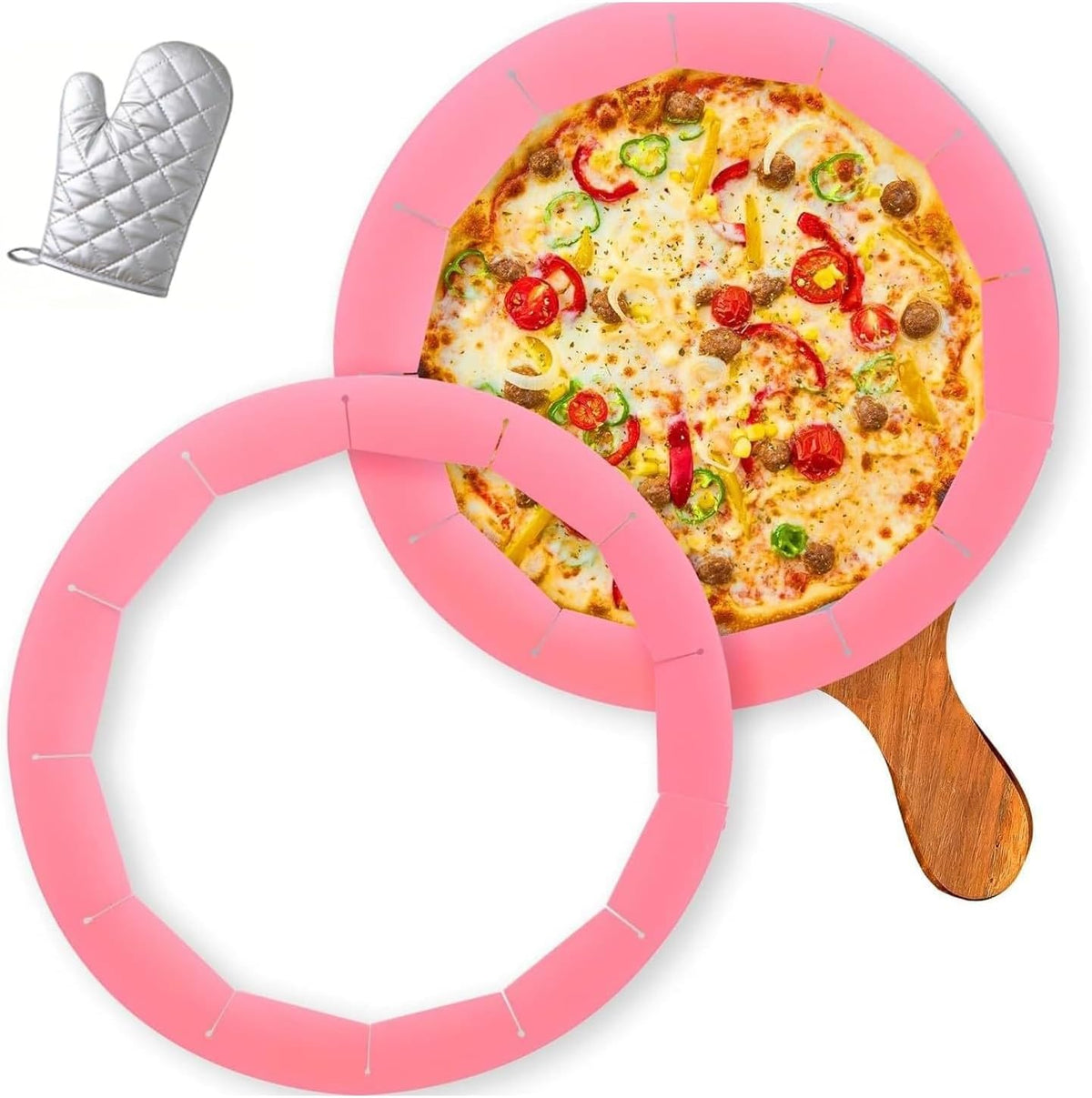 Silicone Pie Crust Shields (2-Pack), Adjustable Pie Protectors,2-Pack Adjustable Silicone Pie Crust Shield, Reusable Pie Crust Protector with insulated gloves, Pie Shield Pink.