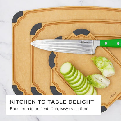 Elihome Essential Series 2-in1 Wood Cutting Board Set for Kitchen, Wooden Board for Chopping Vegetables, Bread, Cheese, Meat, Salad, Bread Board for Countertop, Butcher Block, Non-Slip