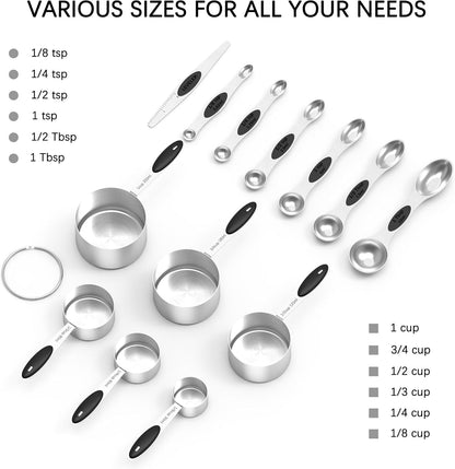 TILUCK Stainless Steel Measuring Cups and Spoons Set with Silicone Handle – Nesting Design for Space-Saving, Heavy Duty & Dishwasher Safe for Dry/Liquid Ingredients, Cooking & Baking (10)