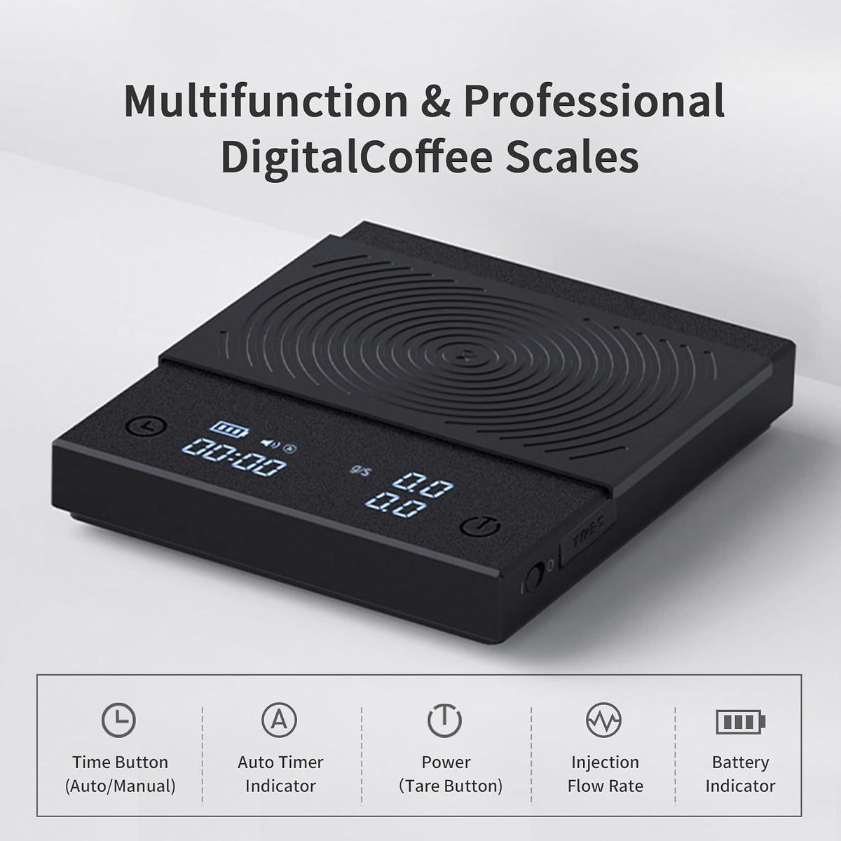 TIMEMORE Coffee Scale Basic 2.0 Electronic Espresso Scale with Water Flow Rate and Timer Function, Digital Scale for Kitchen/Baking/Cooking, Black