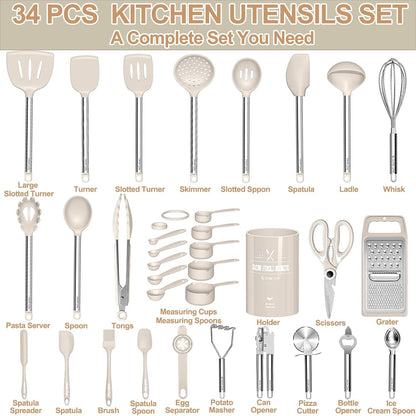 Kitchen Utensils Set- Umite Chef 34 PCs Cooking Utensils with Grater, Spoon Spatula, Heat Resistant Food Grade Silicone, Stainless Steel Handles Kitchen Gadgets Tools Set for Nonstick Cookware(Red)