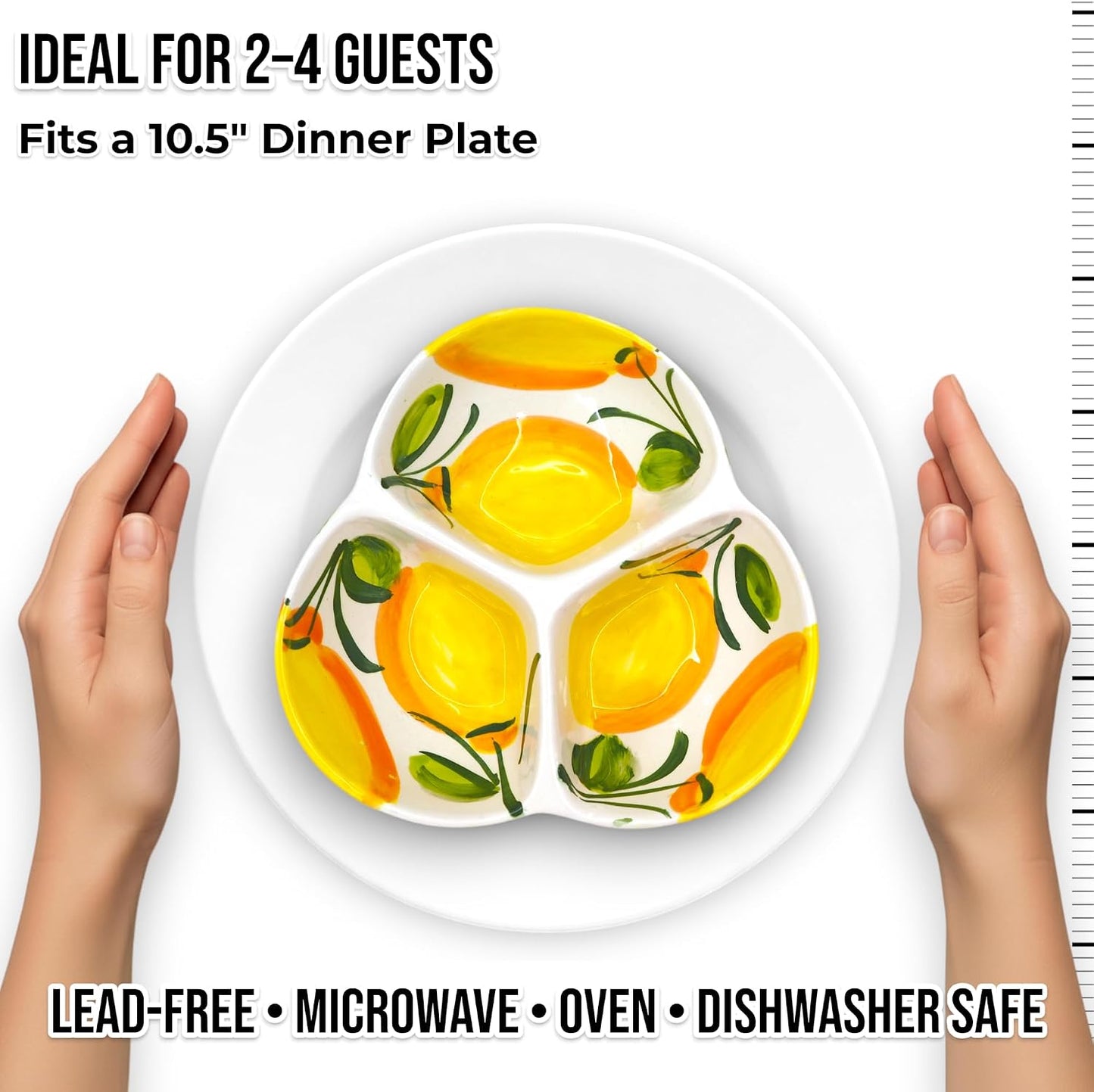 Ceramic Chip & Dip Bowl 7.5”, 3-Compartment Divided Serving Dish & Condiment Tray for Appetizers – Handmade in Spain, Lead-Free Glaze, Microwave, Oven & Dishwasher Safe