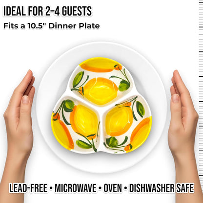 Ceramic Chip & Dip Bowl 7.5”, 3-Compartment Divided Serving Dish & Condiment Tray for Appetizers – Handmade in Spain, Lead-Free Glaze, Microwave, Oven & Dishwasher Safe