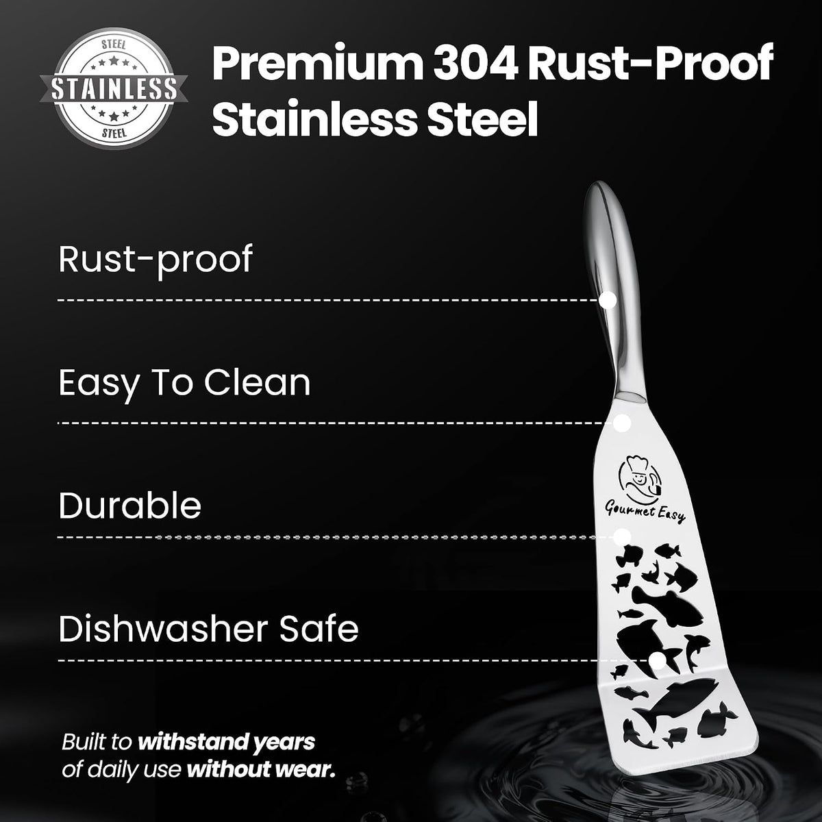 Gourmet Easy Fish Spatula Set, Ultra-Thin Edge for Easy Turning & Flipping | Stainless Steel, Kids Friendly, Ergonomic Non-Slip Grip for Secure Control, Versatile Use, Dishwasher Safe, 5-Year Warranty