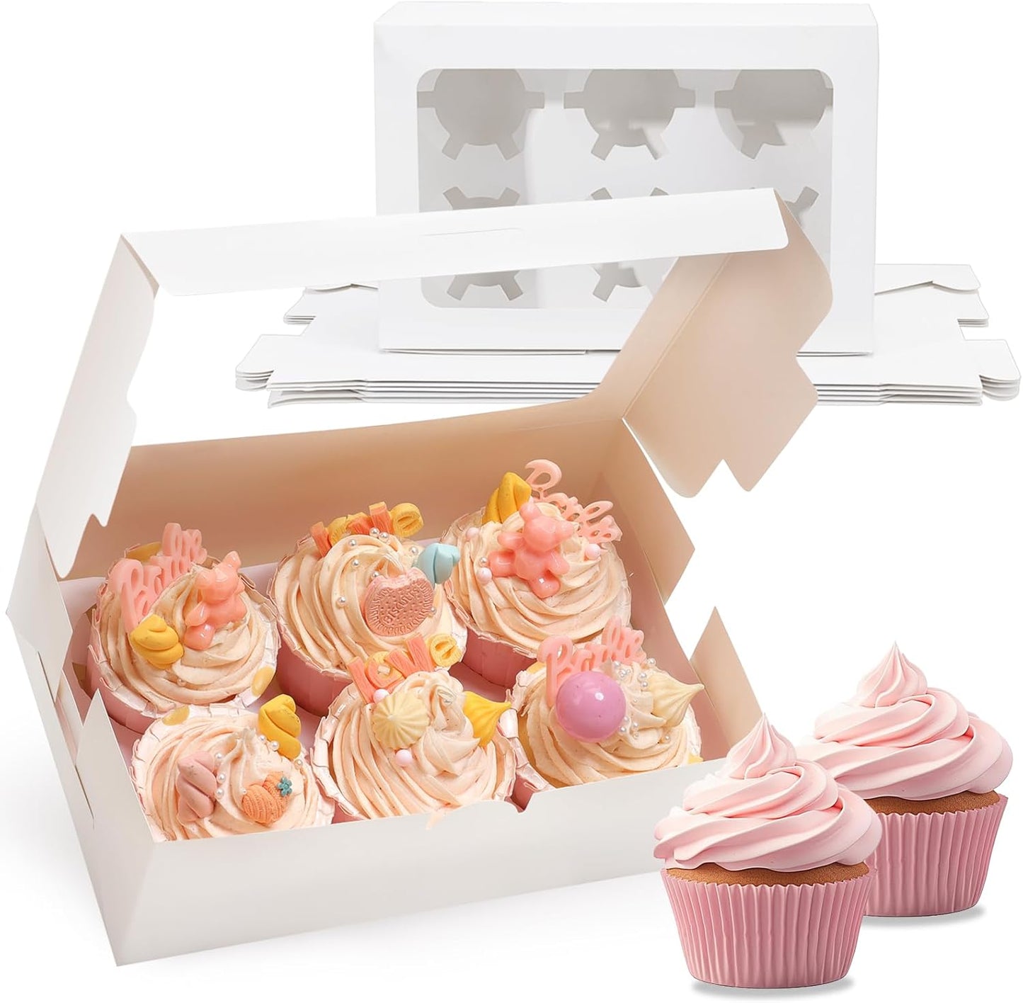 TOMNK 6 Count White Cupcake Boxes with Window - 36 Total Capacity Cupcake Carrier Sets for Birthday Holiday Party Bakery Supplies