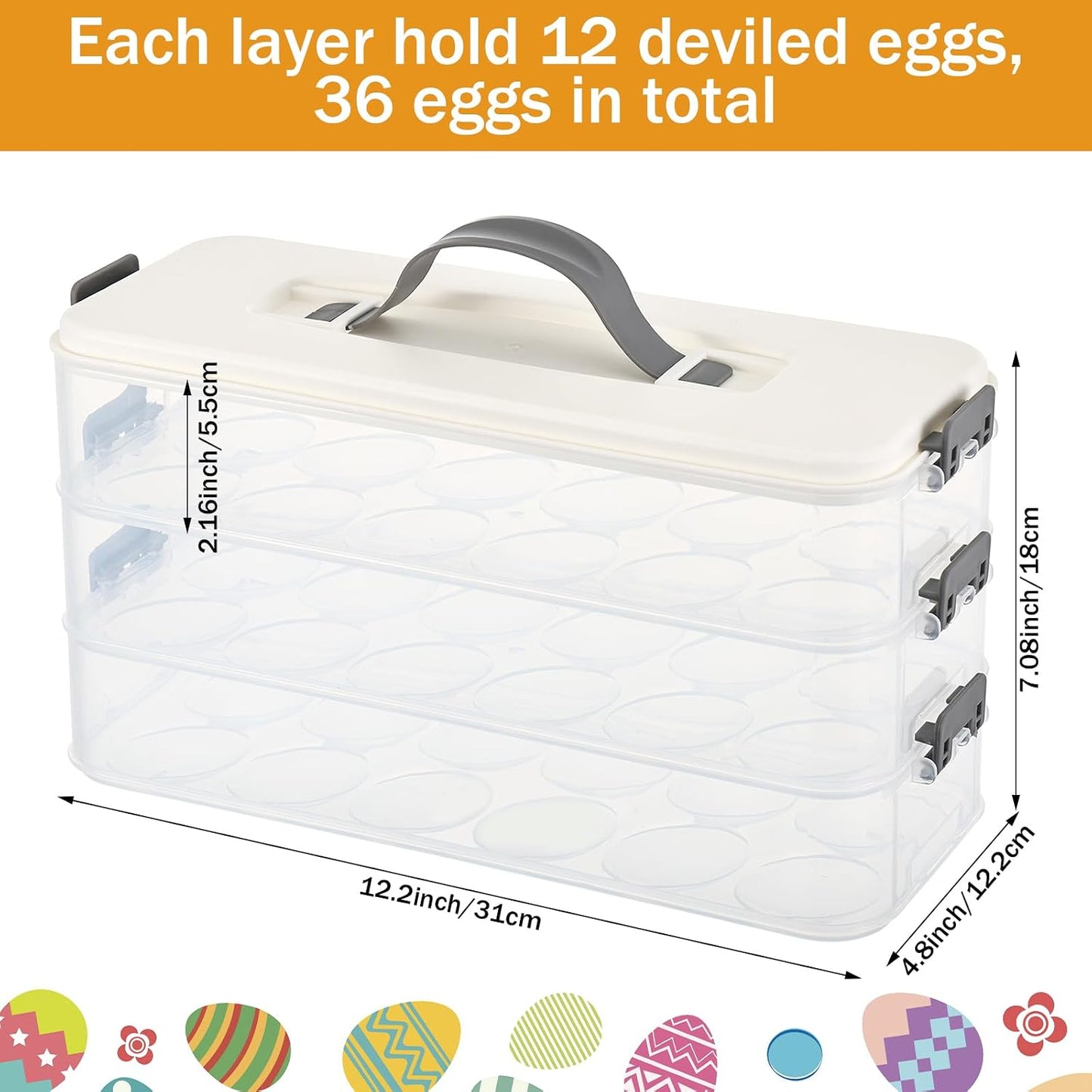 3-Layer Deviled Egg Container with Lid and Handle, Clear Plastic Deviled Egg Carrier for Fridge, Portable Stackable Eggs Holder Platter for Easter Party Picnics Camping Travel